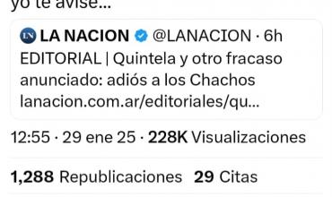  El presidente Milei reposteó una dura editorial de La Nación contra Quintela por el fracaso de Los Chachos: “Yo te avisé”