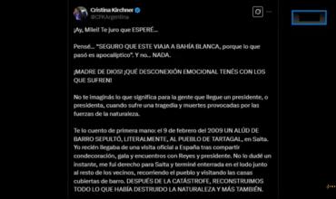 Cristina Kirchner criticó a Javier Milei por no viajar a Bahía Blanca y recordó sus visitas a las catástrofes