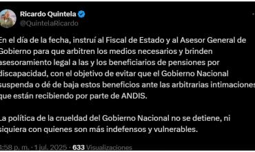 Quintela instruyó asistencia legal para personas con discapacidad: "La política de la crueldad no se detiene"